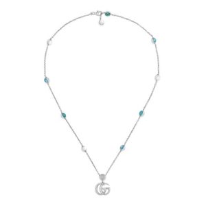 Collar GG Marmont de plata brillante envejecida, nácar, topacio y resina turquesa