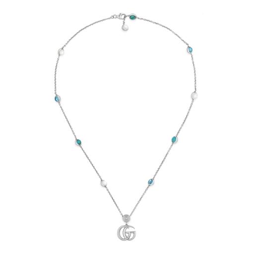 Collar GG Marmont de plata brillante envejecida, nácar, topacio y resina turquesa